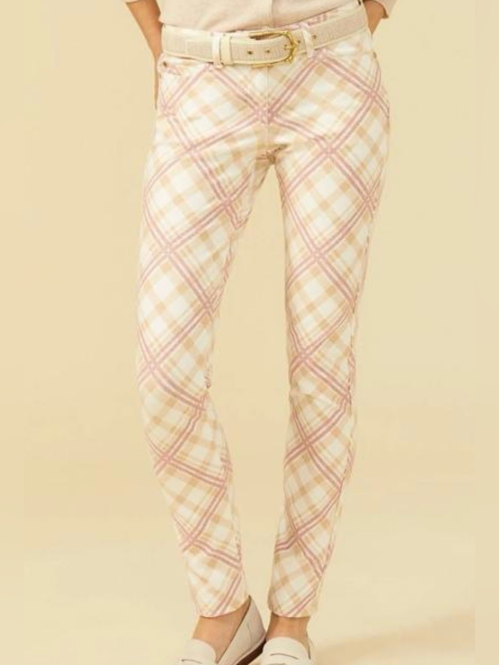 J. McLaughlin Cream Plaid Pants with Pink Trim